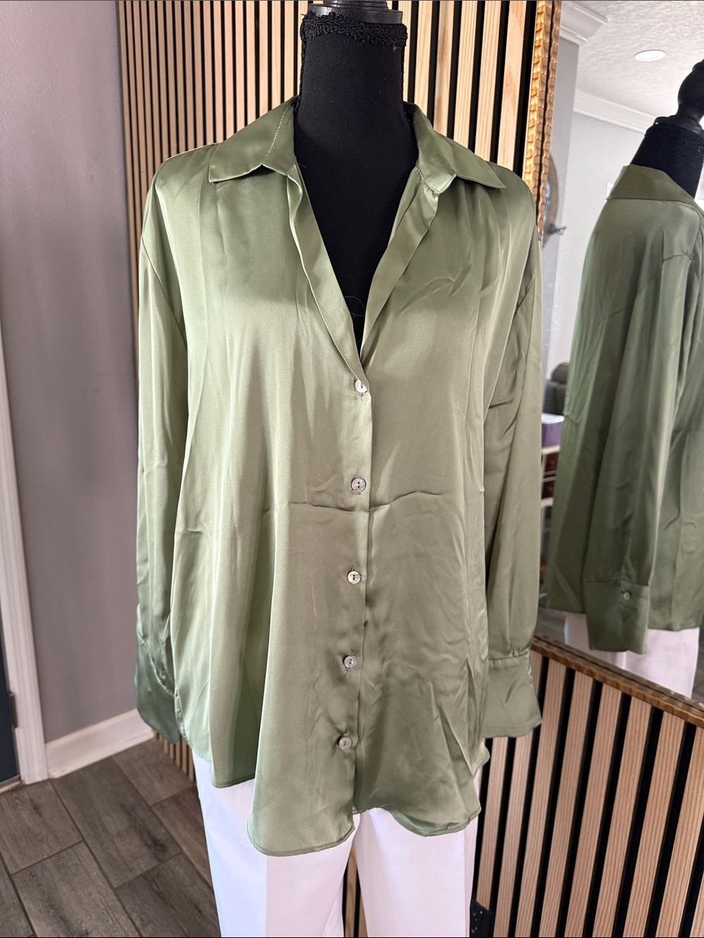 Zara Olive Green Satin Button-Down Shirt